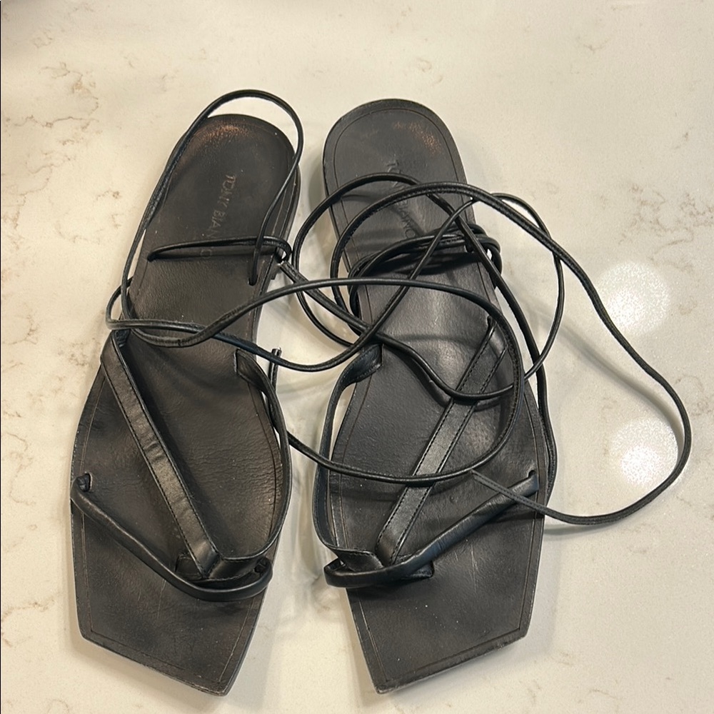 Black Minimalist Leather Sandals with Ankle Wrap